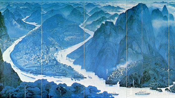 《巴山蜀水(局部 首都国际机场壁画 丙烯画2000×340cm,袁运甫